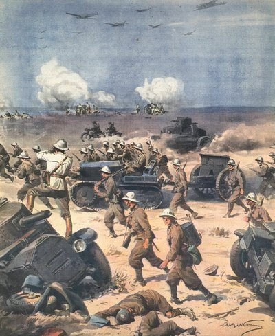 Zweiter Weltkrieg. Libyen (Nordafrika-Feldzug). Italienische Truppen in Kyrenaika rücken nach Ägypten vor. Illustration von Antonio Beltrame. „La Domenica del Corriere“. 22. September von Achille Beltrame