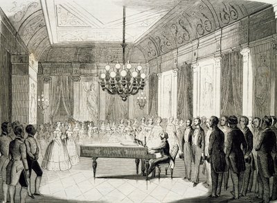 Musikalischer Abend mit Klavier, von Achille Deveria, Gravur, Frankreich von Achille Devéria