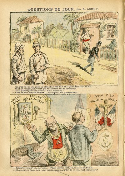 Illustration von Achille Lemot (1846-1909) in Le Pelerin, 06/10/07 - Frage des Tages - Kolonisation Kolonialismus, Antimasonismus, Religion Glaube, Atheismus, Patriotismus, Exil, Katholizismus - Siedler, Entdecker, Sträflinge, Sträflingslager von Achille Lemot