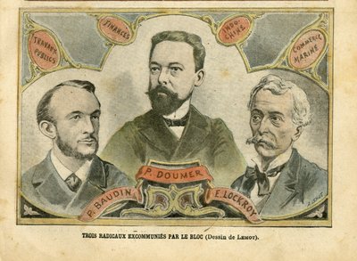 Illustration von Achille Lemot (1846-1909) in Le Pelerin, 23/10/04 - Drei Radikale exkommuniziert vom Bloc - Budget Finanzen, Präsident der Republik, Maritime Marine Nautique Balneaire, Bloc des Linken, Indochina, Öffentliche Arbeiten - Doumer Paul (1857-1 von Achille Lemot