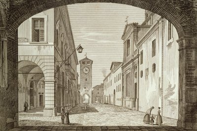 Ansicht des Platzes von Castel Bolognese in der Legation von Ravenna, graviert von Achille Parboni von Achille Parboni
