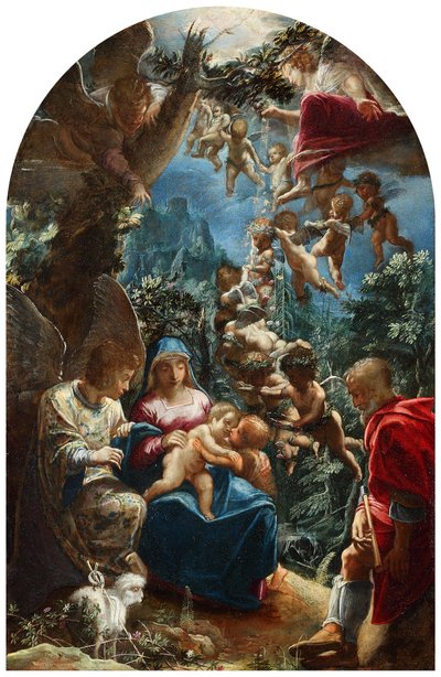 Die Heilige Familie mit dem kleinen Johannes dem Täufer und Engeln von Adam Elsheimer