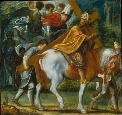 Der Frankfurter Altar der Erhöhung des Wahren Kreuzes: Heraclius zu Pferd mit dem Kreuz (unten rechts) von Adam Elsheimer