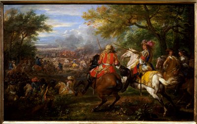 Die französische Armee besiegt die spanische Armee in der Nähe des Brügger Kanals am 31. August 1667. Der König von Frankreich, Ludwig XIV., auf einem weißen Pferd, umgeben von seinen Generälen: François de Créquy und Prinz Louis II. von Bourbon-Condé, gen von Adam Frans van der Meulen