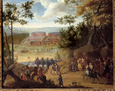 Ansicht von Versailles im Jahr 1664 mit dem König von Frankreich Ludwig XIV. (1638-1715) und einer Kompanie Musketiere von Adam Frans van der Meulen