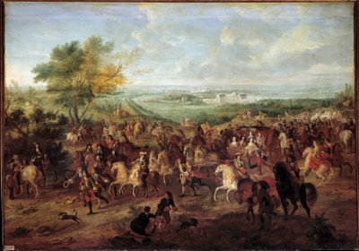 Kutschfahrt von König Ludwig XIV., Königin Marie Therese von Österreich, Dauphin Louis und Dauphine vor dem Schloss von Clagny in Versailles von Adam Frans van der Meulen