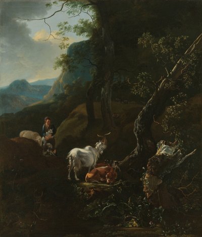 Eine Schäferin mit Tieren in einer bergigen Landschaft von Adam Pijnacker