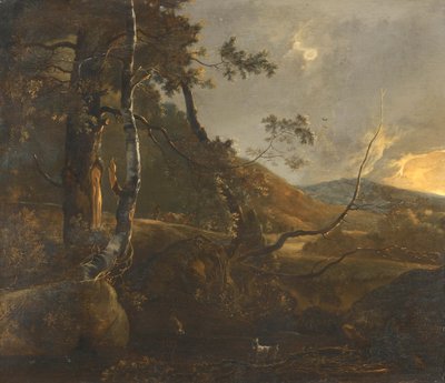 Waldlandschaft mit einem Hirten auf einem Pfad und einer einsamen Ziege von Adam Pynacker