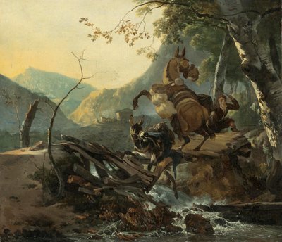 Italienische Landschaft mit zwei Eseln, die eine einstürzende Brücke überqueren von Adam Pynacker