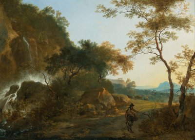 Italienische Landschaft mit einem Reisenden auf einem Pfad bei einem Wasserfall von Adam Pynacker