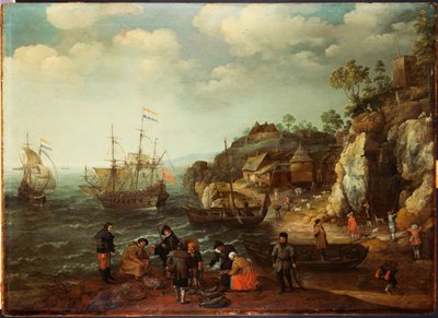 Küstenszene mit Fischern und Jägern am Ufer, 1626 von Adam Willaerts
