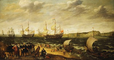 Kriegsschiffe segeln aus einer Mündung mit Figuren im Vordergrund von Adam Willaerts