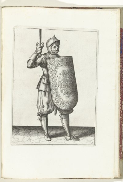 Übung mit Targe und Rapier: Der Soldat hält das gezogene Rapier nicht höher als sein Gesicht (Nr. 5), 1618 von Adam van Breen