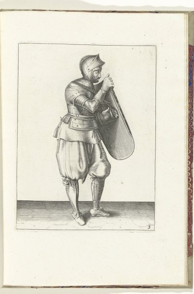 Die Übung mit dem Targe und Rapier: der Soldat hält den Targe mit der rechten Hand und greift mit der linken Hand den Riemen (Nr. 3), 1618 von Adam van Breen