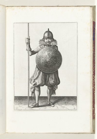 Übung mit Schild und Speer: der Soldat bringt den Speer in drei Schritten zurück in die Ruheposition, dritte Bewegung (Nr. 12), 1618 von Adam van Breen
