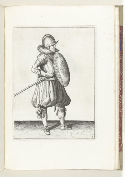 Die Übung mit Schild und Speer: der Soldat bringt in zwei Zeiten den Speer in Position zum Schleppen, zweite Bewegung (Nr. 14), 1618 von Adam van Breen