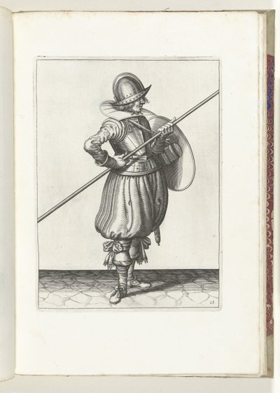 Die Übung mit Schild und Speer: der Soldat bringt in zwei Zeiten den Speer in Position zum Schleppen, erste Bewegung (Nr. 13), 1618 von Adam van Breen