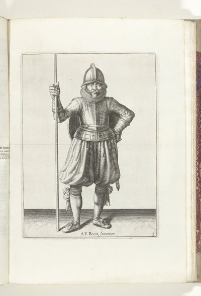 Die Übung mit Schild und Speer: der Soldat in Ruhe mit dem Speer in der Hand und dem Schild auf dem Rücken (Nr. 1), 1618 von Adam van Breen
