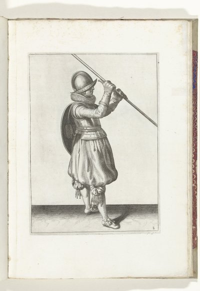 Die Übung mit Schild und Speer: der Soldat mit dem Speer schräg in beiden Händen und dem Schild auf dem Rücken (Nr. 2), 1618 von Adam van Breen