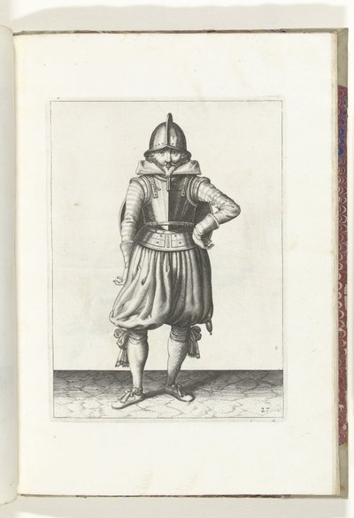 Die Übung mit Schild und Speer: der Soldat steht in Ruhe mit dem Schild auf dem Rücken (Nr. 27), 1618 von Adam van Breen