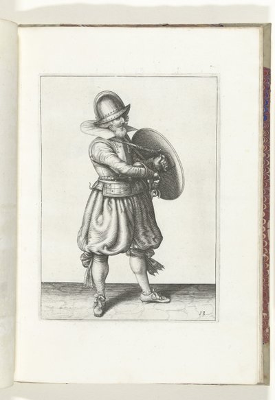Die Übung mit Schild und Speer: Der Soldat zieht seinen Degen hinter seinem Schild hervor (Nr. 18), 1618 von Adam van Breen