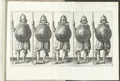 Die Übung mit Schild und Speer: fünf Soldaten nebeneinander stehend mit dem Speer in der rechten Hand auf dem Boden ruhend und dem Schild vor der Brust (Nr. 31), 1618 von Adam van Breen