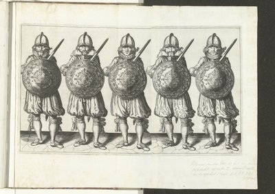 Die Übung mit Schild und Speer: fünf Soldaten stehen nebeneinander in der Reihe mit dem Rapier in der rechten Hand und dem Schild vor der Brust (Nr. 32), 1618 von Adam van Breen
