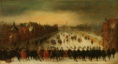 Der Vijverberg, Den Haag, im Winter, mit Prinz Maurits und seinem Gefolge im Vordergrund von Adam van Breen