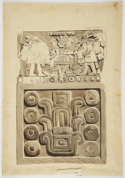 Steinrelief aus Mexiko-Stadt mit zwei Kriegerfiguren und einem dekorierten Tisch von Adela Breton