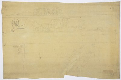 Kopie einer Nachzeichnung eines Wandgemäldes über der Tür, Oberer Tempel der Jaguare, Chichen Itza, Mexiko, Bleistift 