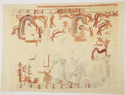 Design von einem Topf aus Belize (ehemals Britisch-Honduras). Design beinhaltet menschliche Figuren und gefiederte Schlangen von Adela Breton