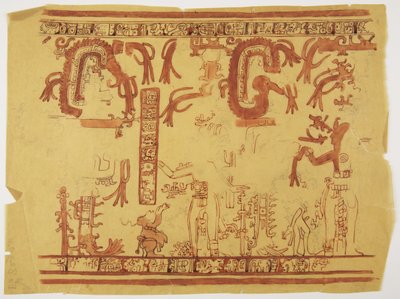 Design von einem Topf aus Belize (ehemals Britisch-Honduras). Design beinhaltet menschliche Figuren und gefiederte Schlangen von Adela Breton