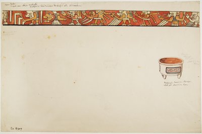 Innere Umrandung einer Dreifußvase (mit grotesken Figuren) und ein weißer Topf mit rechteckigen Designs von Adela Breton