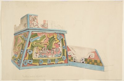 Gemälde eines Steinreliefs aus Xochicalco, Mexiko, Nordende der Westseite der unteren Terrasse von Adela Breton