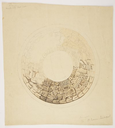 Topfabdeckung aus Belize (ehemals Britisch-Honduras). Kreisförmiges Design, teilweise fehlend, zeigt ein Design mit Figuren von Männern, Glyphen usw. von Adela Breton
