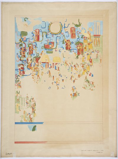 Viertelmaßstab-Kopie eines Wandgemäldes von der Nordwand, innere Kammer, Oberer Tempel der Jaguare, Großer Ballspielplatz, Chichen Itza, Mexiko von Adela Breton