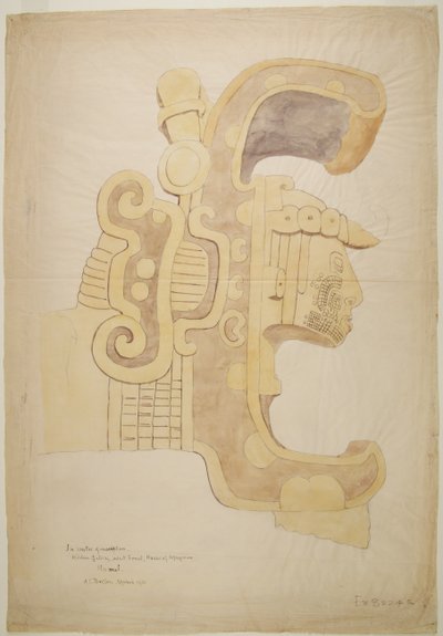 Ruinen/Steinreliefs am Tempel von Uxmal, Mexiko, reich verziertes geschnitztes Kopf von Adela Breton