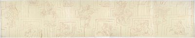 Abzeichnung eines bemalten Reliefs von bemalten Stuckreliefs von der Fassade eines Hügels oder einer Pyramide in Acanceh, Mexiko von Adela Breton