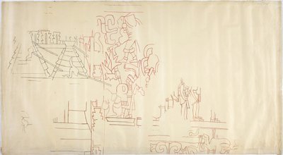 Abzeichnung eines Wandgemäldes aus Casa de Monjas, Chichen Itza, Mexiko, nachgezeichnet und übermalt in schwarzer und roter Tinte von Adela Breton