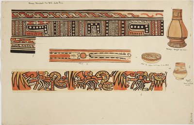 Zwei Krüge (einer mit einem hohen, schmalen Hals) und eine Schale mit Designs von Adela Breton