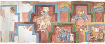 Aquarellkopie der Stuckfassade des Tempels auf der Pyramide in Acanceh, Vollmaßstab, zwei Reihen von Figuren innerhalb eines gestuften Rahmens, Figuren 6-11 von Adela Breton