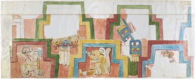 Aquarellkopie der Stuckfassade des Tempels auf der Pyramide in Acanceh, Vollmaßstab, zwei Reihen von Figuren innerhalb eines gestuften Rahmens, Figuren 1-5 von Adela Breton