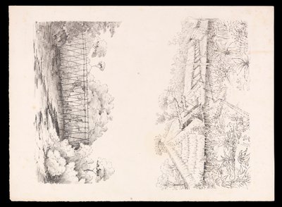 Dorf des Stang-Stammes, Sarawak, Borneo; und eine Brücke aus Stangen über einen Fluss aus dem Westindien-, Nordamerika- und Borneo-Sammelalbum, ca. 1845 von Admiral Sir Edward Gennys Fanshawe