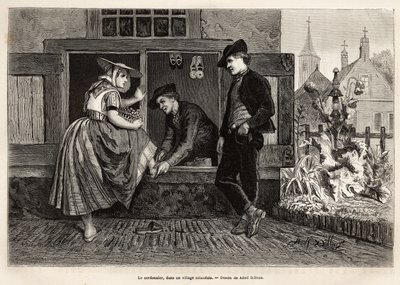 Ein Schuhmacher in einem zeeländischen Dorf, lässt eine junge Frau einen Schuh anprobieren, begleitet von einem jungen Mann, graviert nach der Zeichnung von Adolf Dillens, zur Illustration einer Reise nach Zeeland (Niederlande), veröffentlicht in „Le tour  von Adolf Alexander Dillens