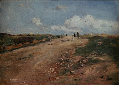 Ländlicher Weg in Schwalm mit einem Mädchen und Gänsen von Adolf Lins