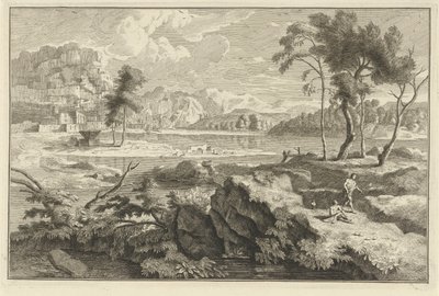 Arkadische Landschaft mit Felsen und Fluss von Adolf van der Laan