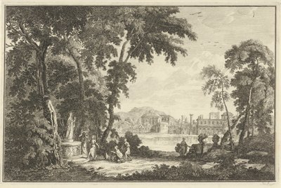 Arkadische Flusslandschaft mit Figuren, die eine Statue anbeten von Adolf van der Laan