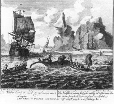 „Der Wal wendet und wälzt sich, während man am Lenzen ist“ (Nr. 6 aus der Serie Walfang) von Adolf van der Laan