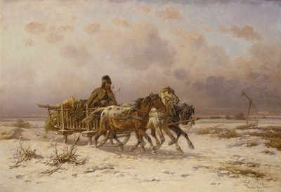 Ein Bauer in einem Schlitten, der drei Pferde fährt von Adolf van der Venne