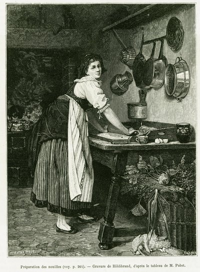 Nudelzubereitung. Gravur von Hildibrand zur Illustration der Geschichte A Travers l